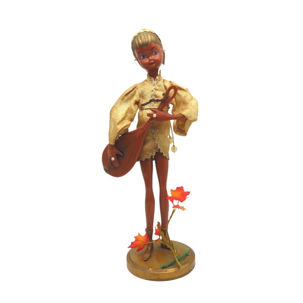 Vintage 1960s Tilso Pixie Elf Figurine Gold Outfit Playing Lute Hong Kong MCM